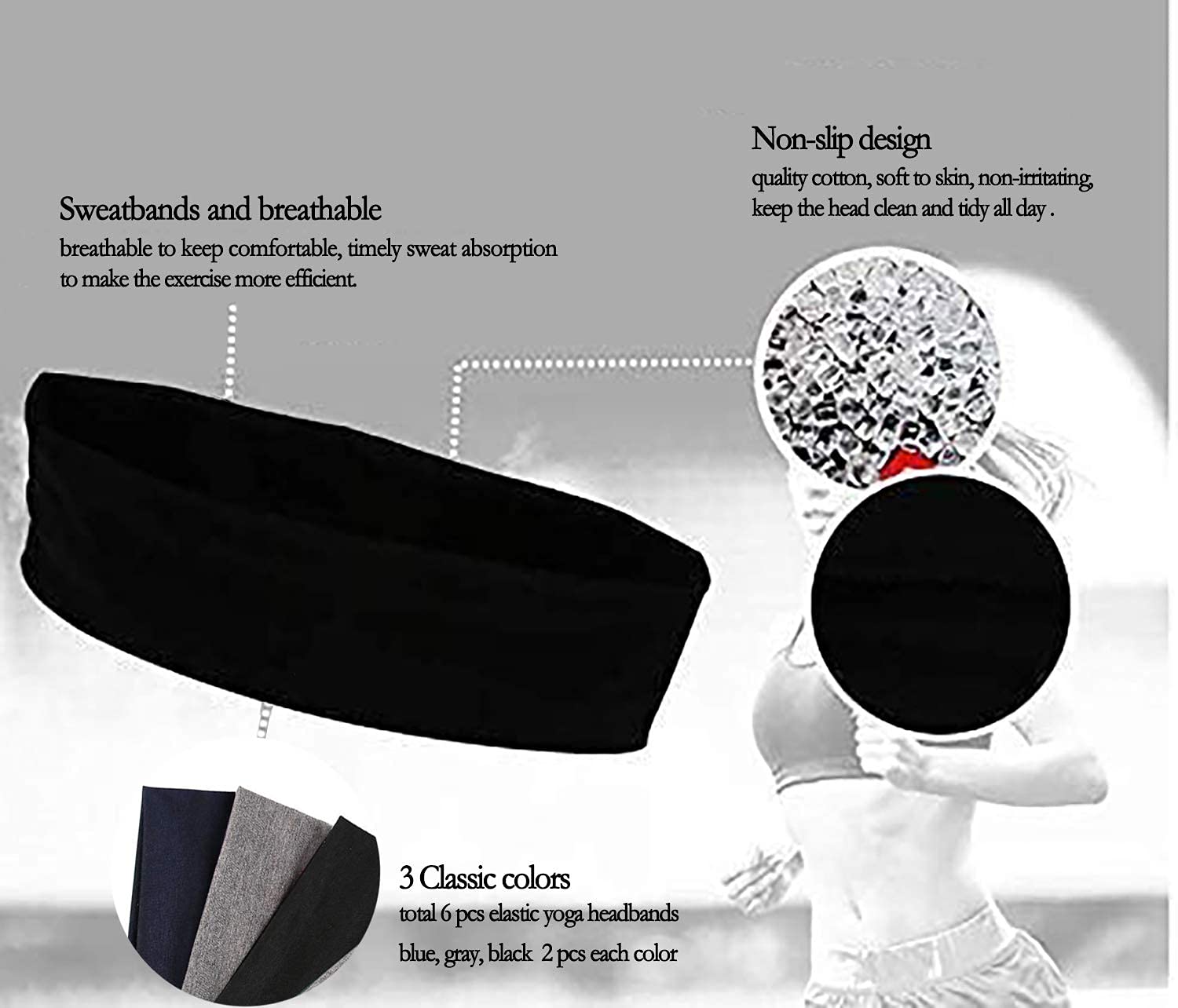 SULOLI Lot 6 Bandeaux Sport Anti-Transpiration - Couleurs Sombre Pour Running Yoga Fitness Vélo