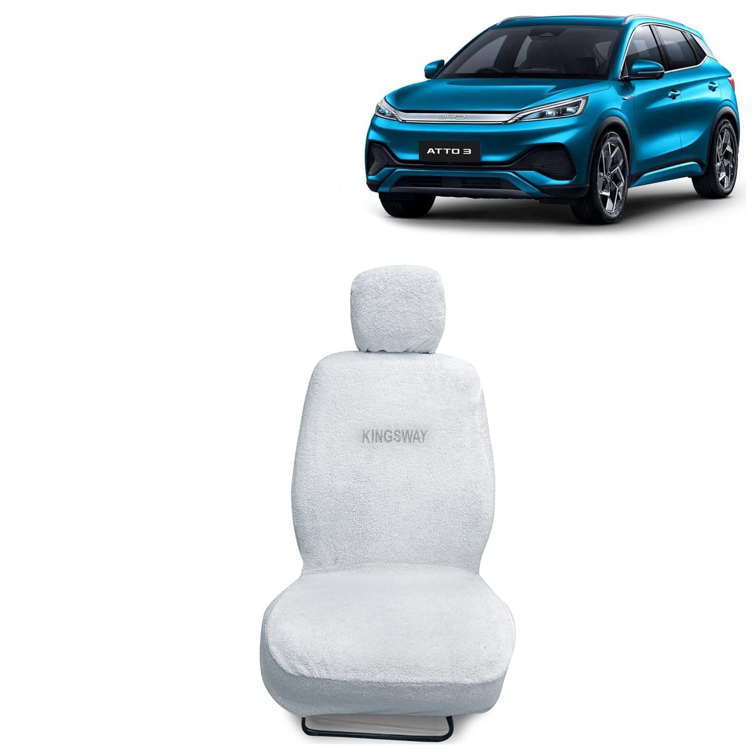 Kingsway® ATTO 3 Seat Cover for (Year 2022 Onwards) All Model, Towel Fabric Car Seat Covers Compatible with BYD ATTO 3, Complete Set (Car Specific Front + Rear Seat Covers), White Color