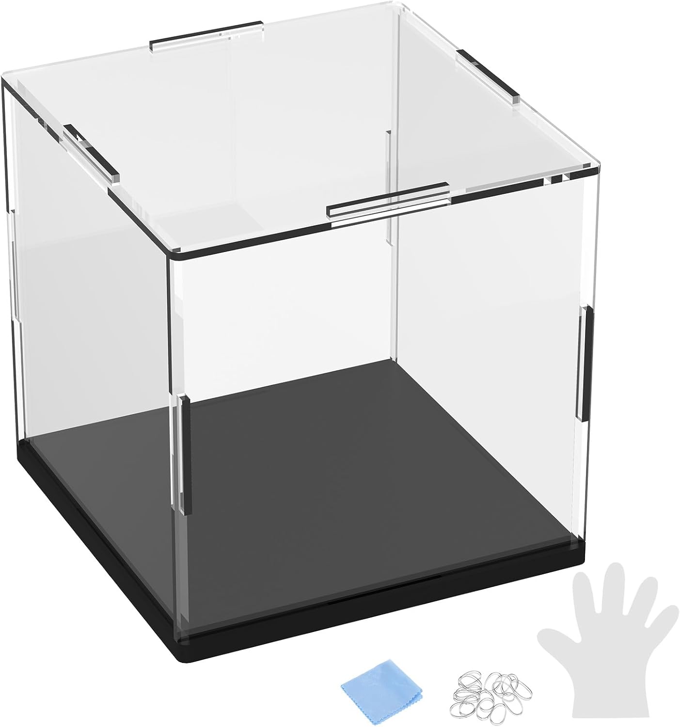 1-Pack Acrylic Display Case, 3.9x3.9x3.9 Inch/10x10x10cm Acrylic Clear Display Case Box with Black Wooden Base for Collectibles, Dustproof Showcase [Black, Clear]