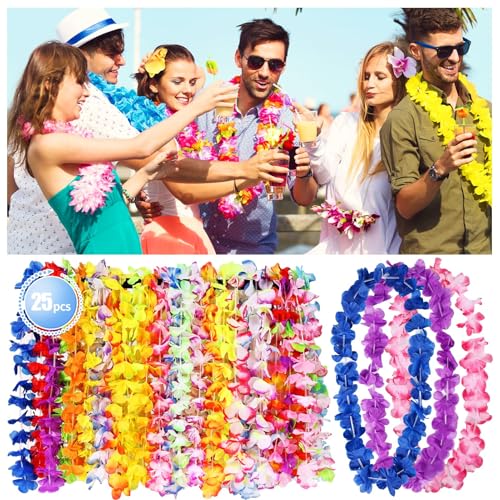 25pcs Leis for Luau Party - Colorful Hawaiian Leis Bulk Tropical Flower Lais Hawaii Decor for Summer Beach Pool Decoration Favour Supplies3