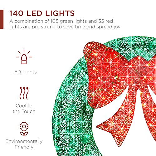 Best Choice Products 48in Pre-Lit Outdoor Christmas Wreath Decoration, LED Metal Holiday Decor for Home w/ 140 Lights, Bow - Green/Red