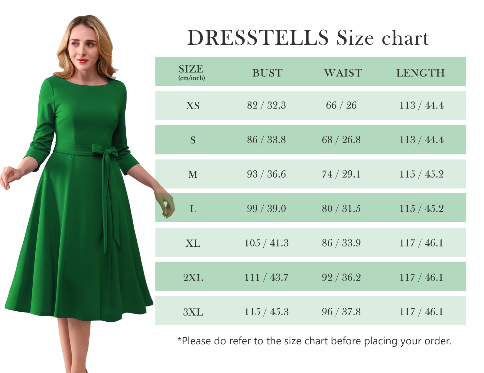 DRESSTELLS damska sukienka koktajlowa z okrągłym dekoltem do połowy łydki świąteczna sukienka 3/4 z halka w stylu vintage