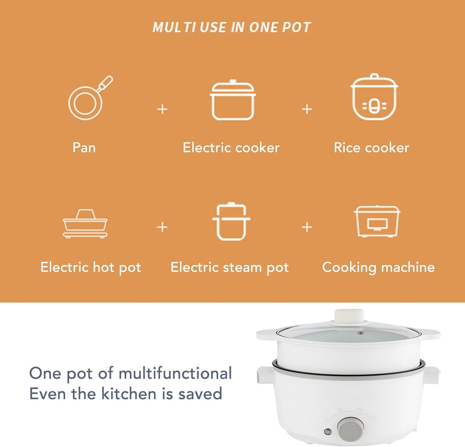 hot pot electric with steamer, 3l ramen cooker, portable cooker, non-stick frying pan, sauté pan (hot pot + steamer) (hot pot + steamer)