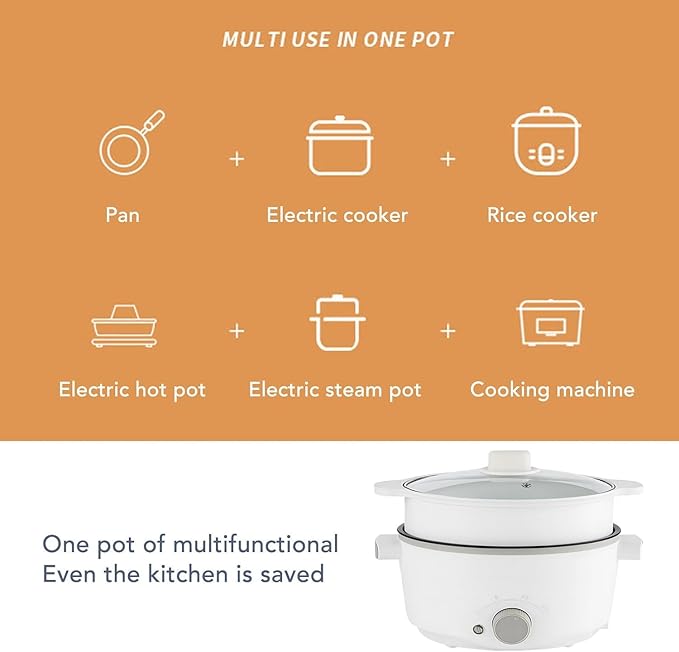 Hot Pot Eléctrico con Vaporera 3L, Antiadherente, Cocina Portátil miniatura 4