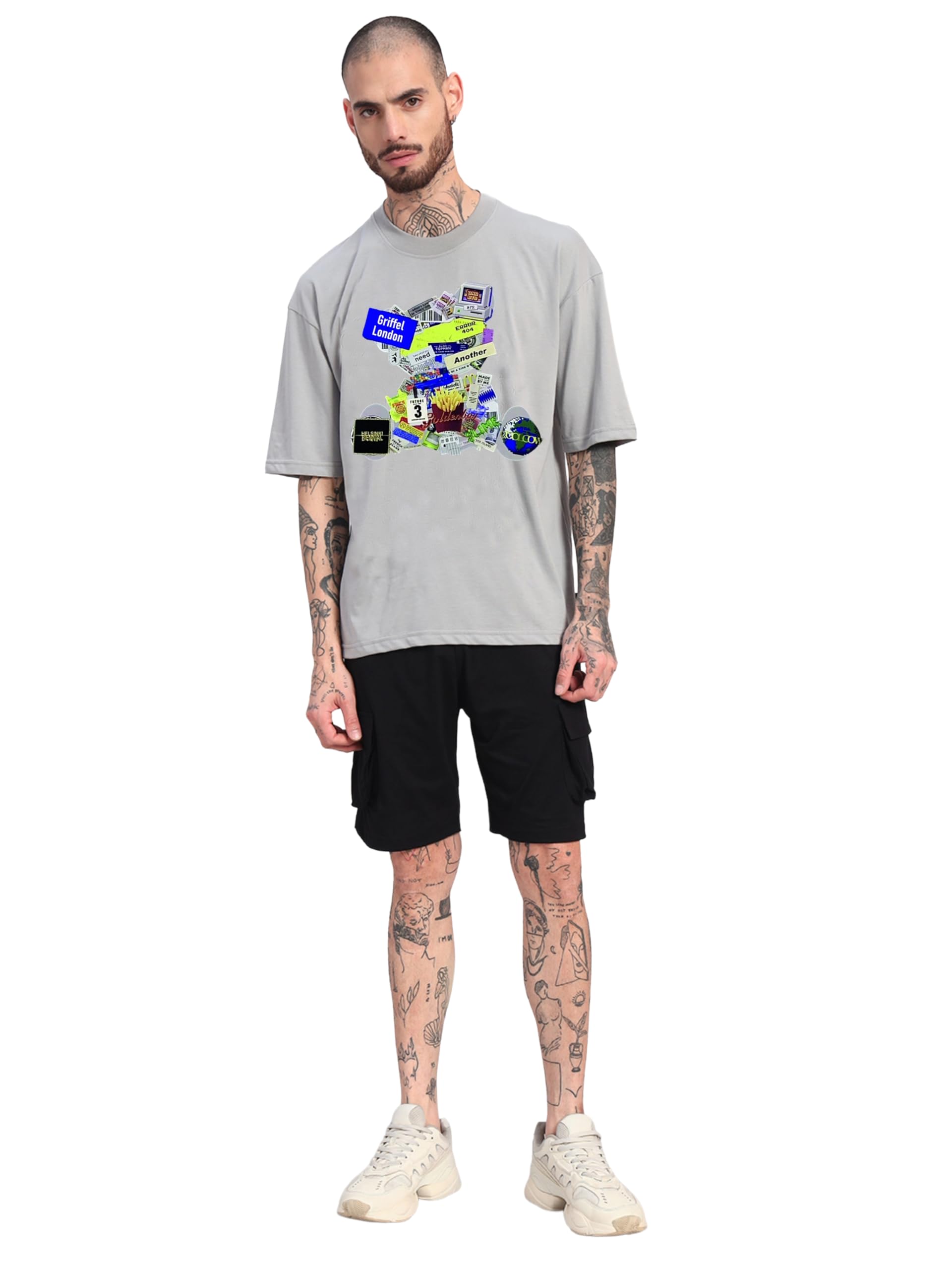 griffel Men’s Glitch Teddy Oversized Cotton Co-Ord Set | Graphic Printed Relaxed Fit T-Shirt with Cargo Shorts | Streetwear Summer Outfit-picture-30