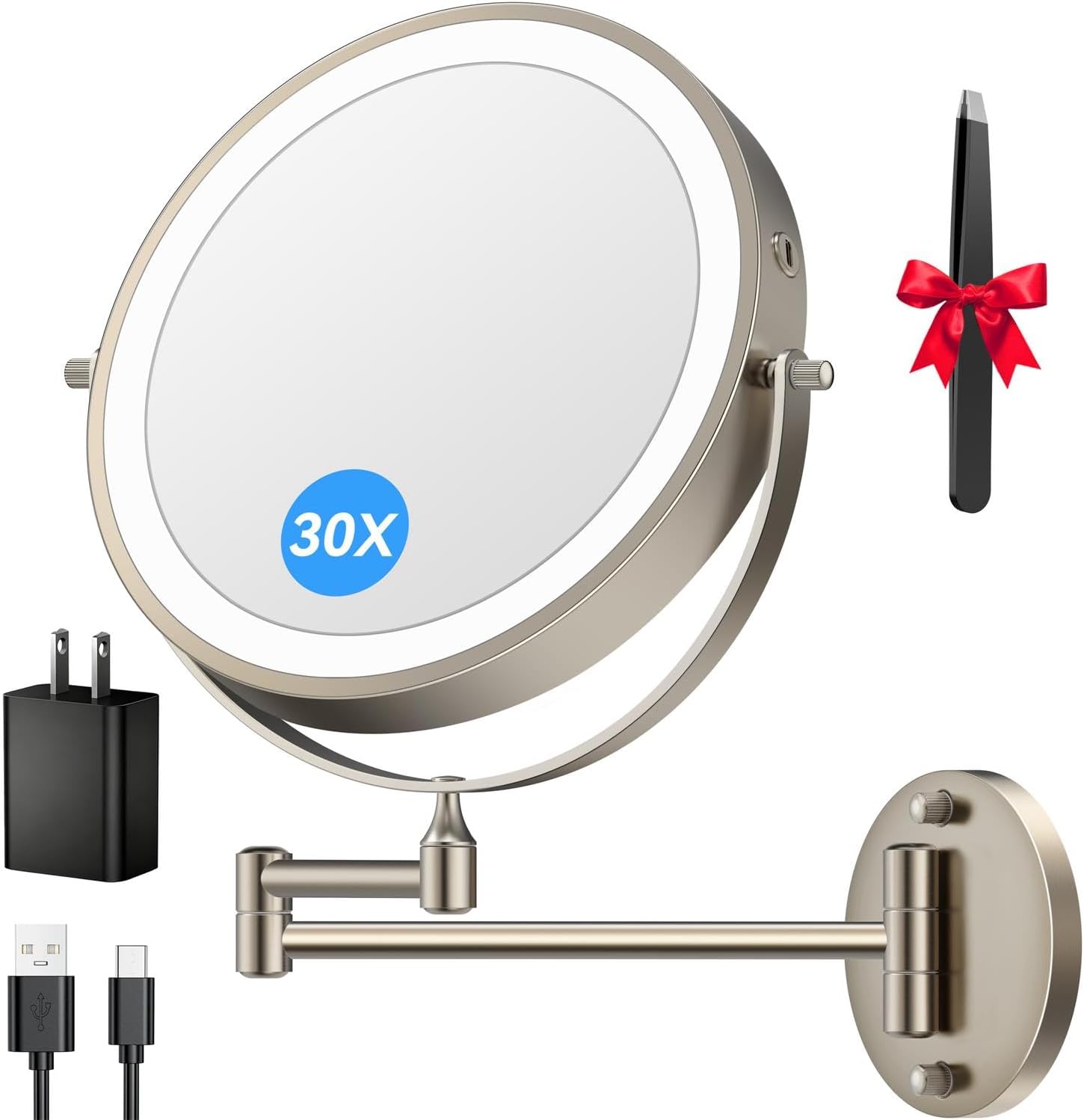9'' 30X/1X Wall Mounted Lighted Makeup Mirror, 5000mAh Rechargeable Double-Sided Magnifying Mirror with Light, Vanity Mirror Touch Dimmable 3 Colors 360° Rotation Extended Foldable Arm, Power Adapter