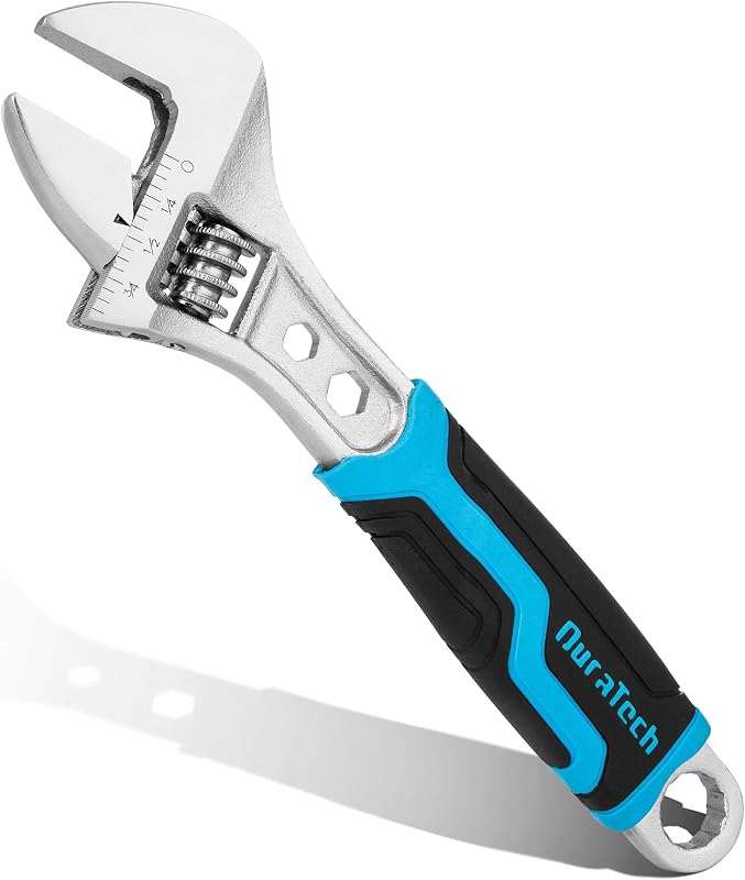 6 Inch Adjustable Wrench, 3-in-1 Spanner | Box End, Hex Function, CR-V Steel, Metric & SAE Scales, Chrome-plated, Bi-material Soft Grip