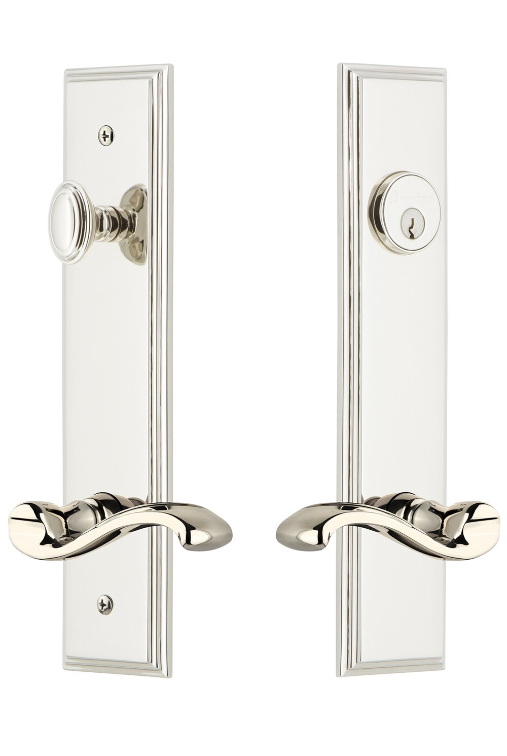 Grandeur Hardware 841486 Carre' Tall Plate Complete Entry Set with Portofino Lever, Backset Size - 2.75", Polished Nickel
