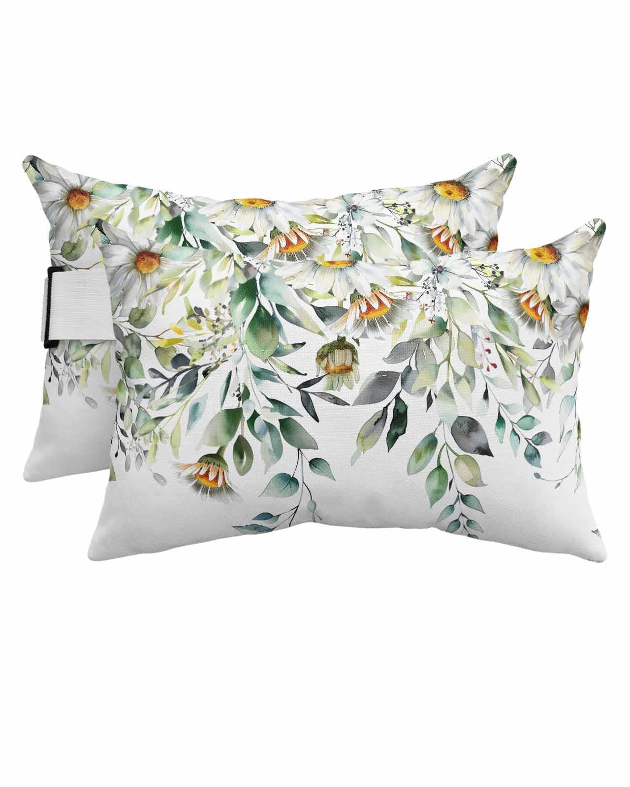 Anzona Pack of 4 Eucalyptus Leaves Lumbar Pillow Covers, Outdoor Waterproof Throw Pillow Covers Set, White Daisy Spring Floral Summer Botancial Decorative Cushion Case for Patio Beach, 11x16 Inch