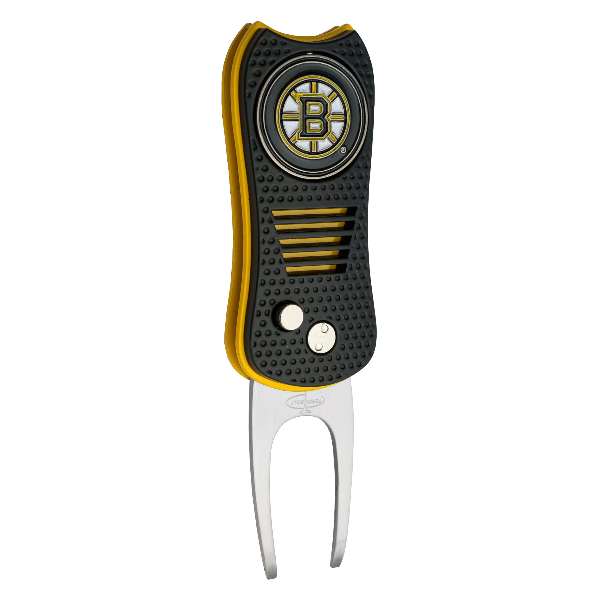 Team Golf NHL Boston Bruins Switchfix Divot Tool with Double-Sided Magnetic Ball Marker, Features Patented Single Prong Design, Causes Less Damage to Greens, Switchblade Mechanism