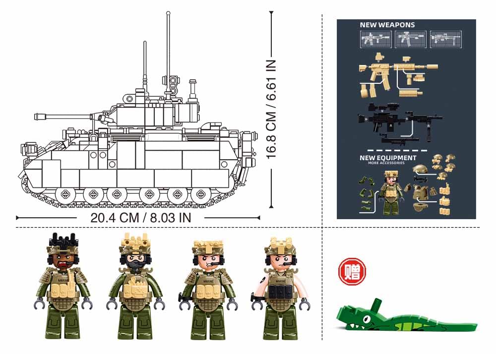 Sluban M3A3S Bradley, Juego de Construcción Militar, 905 Piezas, Escala 1/35, 4 Figuras, para Niños de 6 a 12 Años