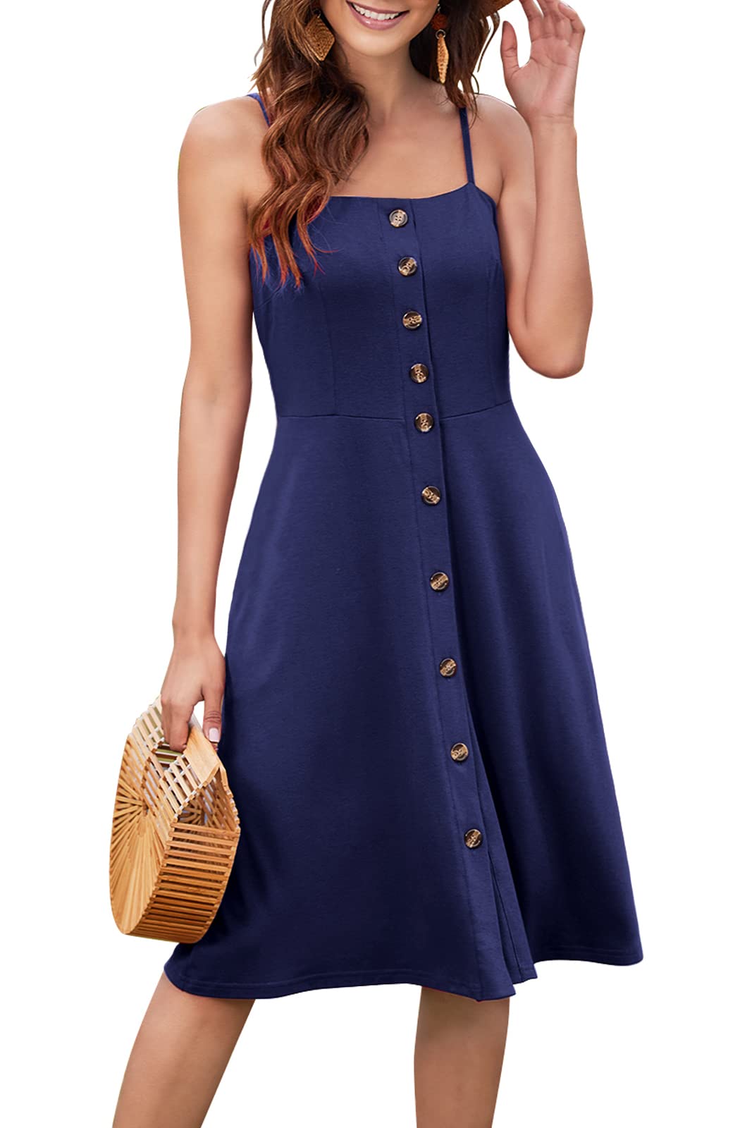 Hount Womens Summer Casual Dresses Spaghetti Strap Button Down Boho Beach Midi Sundress with Pockets