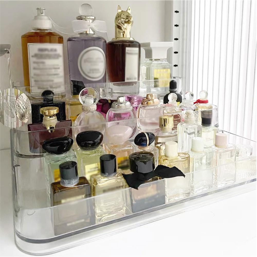 Organizer in acrilico a 3 ripiani, espositore con divisori, portaoggetti per profumi per casa, ufficio e negozi: figurine Funko, giocattoli, cupcake, prodotti alimentari, profumi e cosmetici