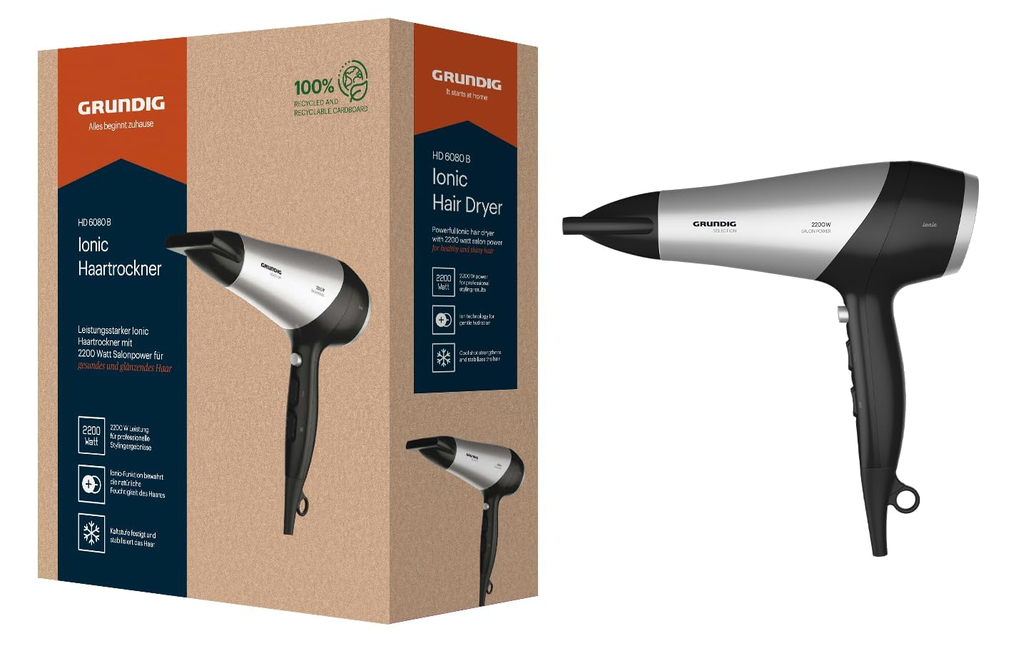 GRUNDIG HD 6080 L Haartrockner 2200 W, Föhn, Ionen Funktion, 3 Temperatur- und 2 Luftstromstufen, Kaltstufe, Keramikbeschichtung, 1,8 m Kabel, Schwarz/Silber