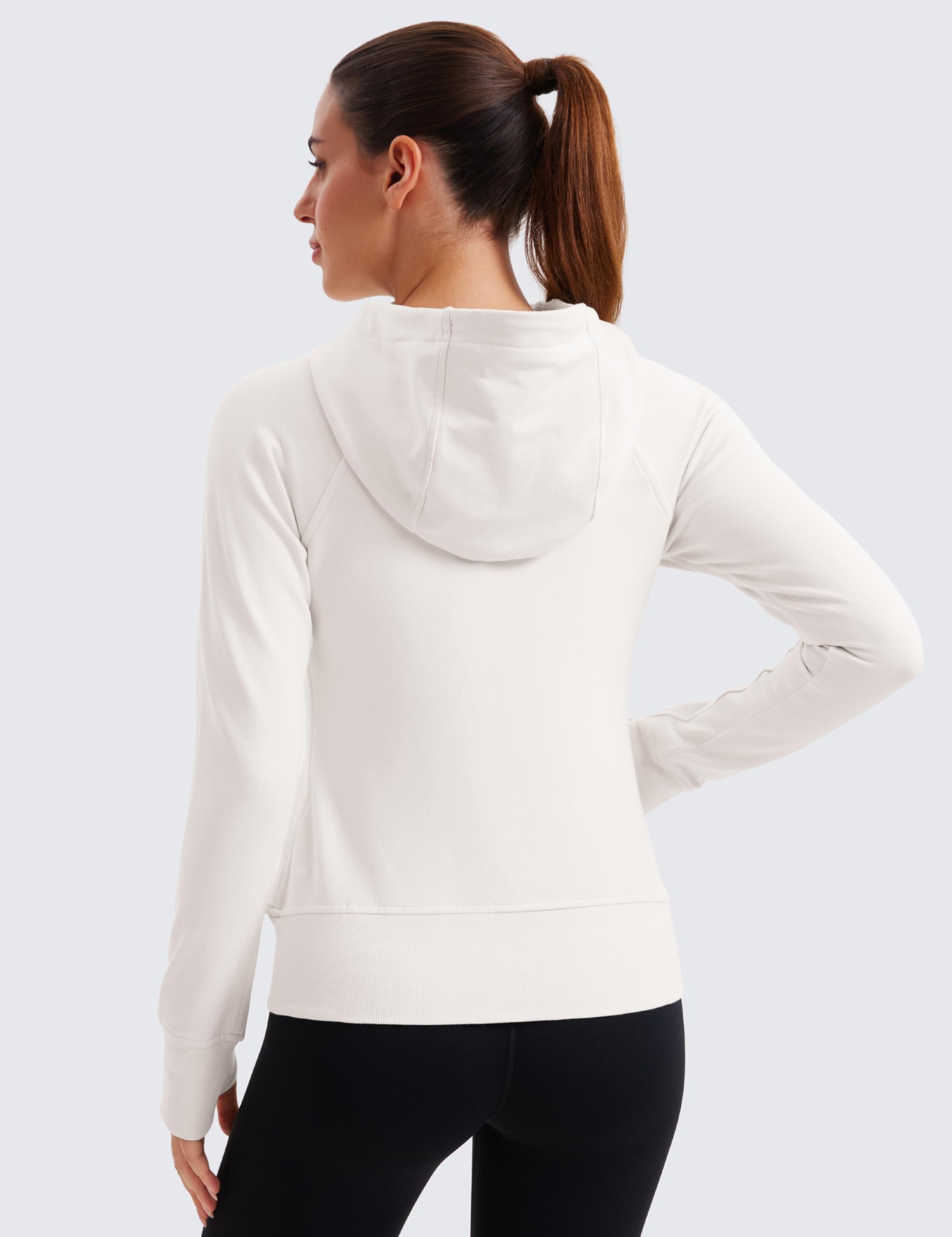 CRZ YOGA Womens Fleece Full Zip Hoodie Jackets Workout Hooded Zipper Basic Casual Sweatshirts with Thumb Holes Milky White (Bone) X-Large