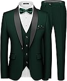 MAGE MALE Men's Slim Fit 3 Piece Suit One Button Solid Shawl Lapel Blazer Jacket Vest Pants Set with Tie Pocket Square 3X-Large Dark Green
