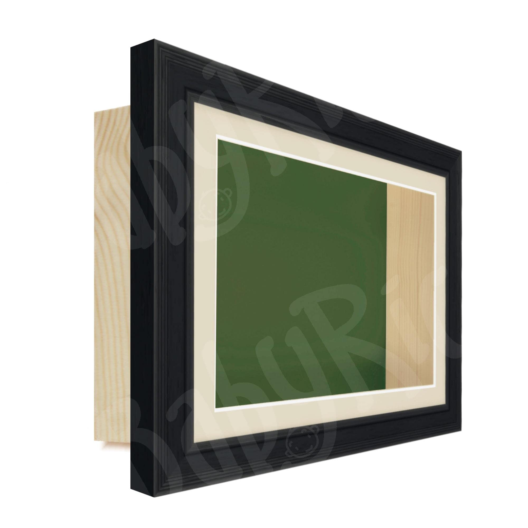 Black Stepped Scoop, Deep Shadow Box Frame 3D Display, Pine Box (Antique Cream Mount / Green Backing, 6x8" Glass (4.5x6.5" Display), 1.75" Deep)