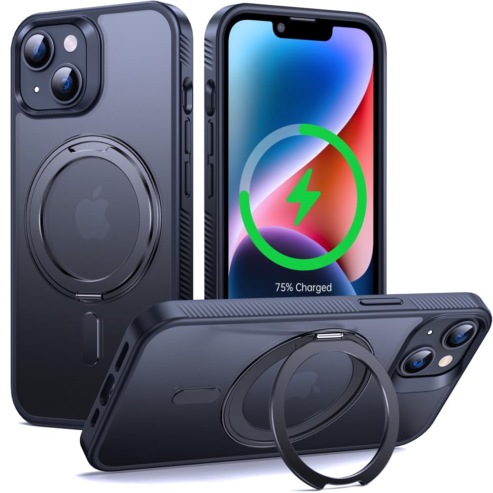 Supdeal Magnetic Kickstand for iPhone 13/14 Case, Compatible with MagSafe 360° Rotatable Ring Stand Holder, Non-Slip Hard Matte Translucent Cover Military-Grade Shockproof Phone Case, 6.1", Black