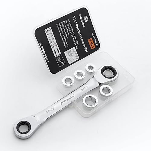 Miniatura 5 de Juego de llaves de trinquete 7 en 1 con caja, juego de llaves de extremo de caja doble, engranaje de 72 dientes, acero CR-V, 0.315-0.748 in (métrico)