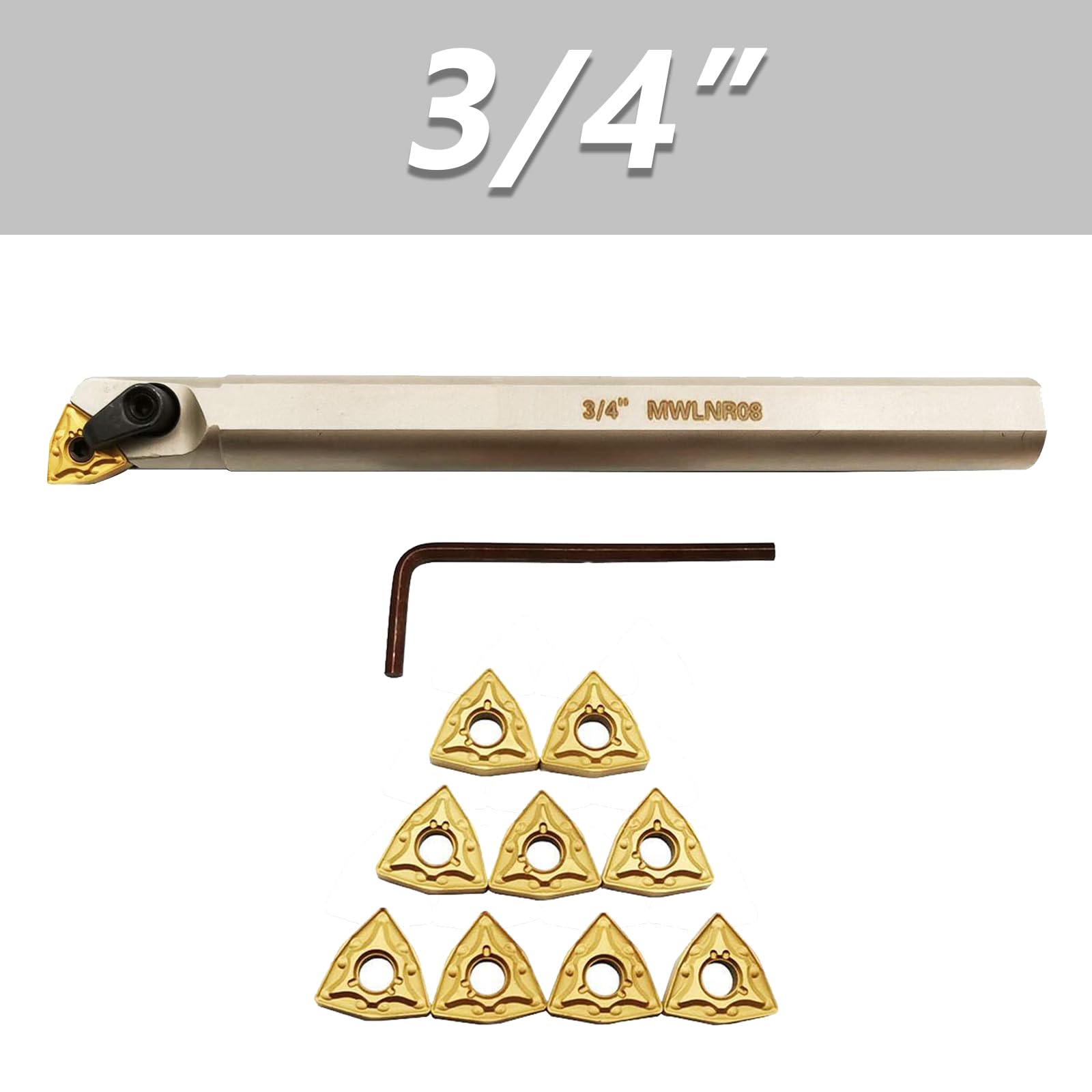 Herramienta de Torneado de 3/4 ", Herramienta de Torneado Torno de Acero Metálico Boring Bar Holder S20R-MWLNR08 con 10pcs Insertos de Carburo, Portaherramientas de Torneado, Inserto Indexable WNMG432