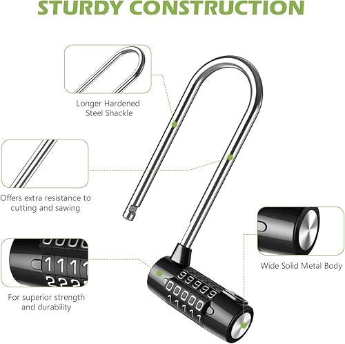 Miniatura 10 de KeeKit Candado combinado de 5 dígitos, candado restablectable de grillete de 4.65 pulgadas de largo, cerradura de gimnasio alargada impermeable para