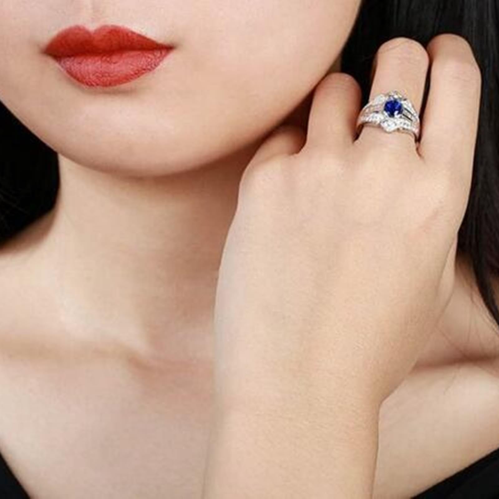 Fede nuziale da donna in oro bianco 18 carati con zaffiro blu ovale con zaffiro blu da 1,23 carati e diamanti misura 45, 45 (14.3), metallo prezioso, zaffiro, 45 (14.3), Metallo, Zaffiro
