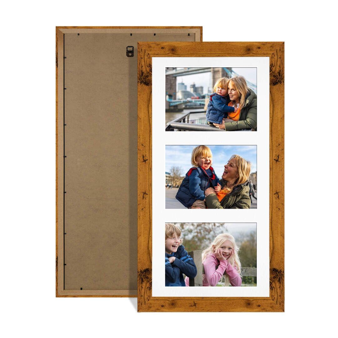 Procut Global 40X20CM Rustic Oak Photo Frames For Multiple Pictures with White Mount-Modern Collage Frame with 3 Apertures (3x) 6X4-Engineered Wood with Shatterproof Perspex