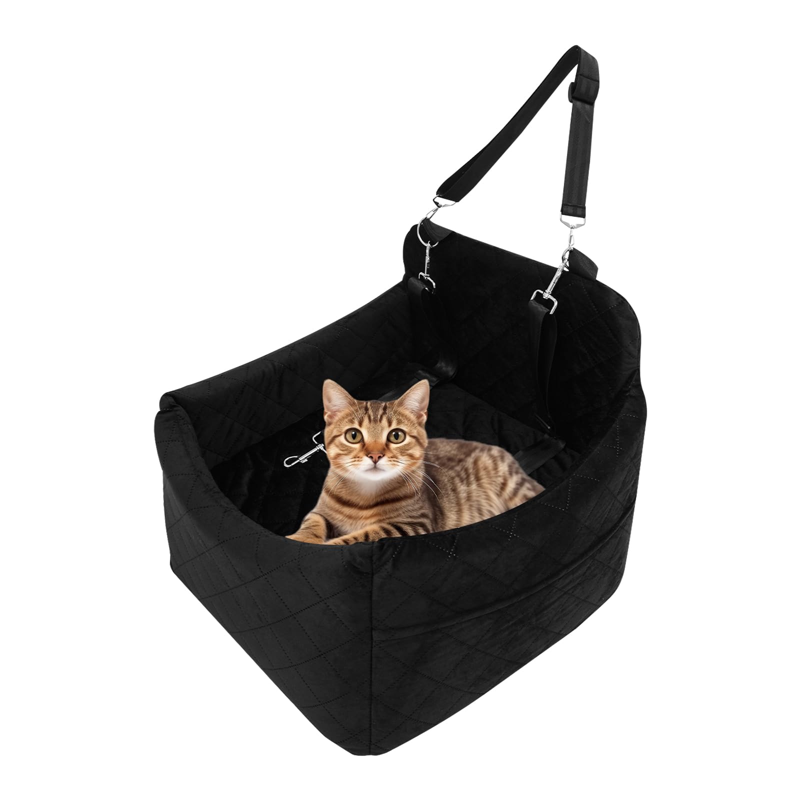 Asiento de coche para perros pequeños/medianos de menos de 15 kg, asiento de coche para mascotas desmontable y lavable, con 3 cinturones de seguridad y almohadilla, cama para perro, color negro