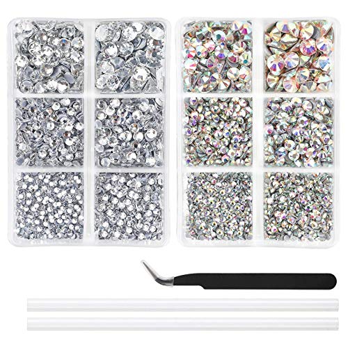 Outuxed 5040pcs AB Crystal and Clear Hotfix Rhinestones Set 6 Mixed Size Crystal Flatback Rhinestones for Crafts Round Glass Gems with Tweezers and Picking Rhinestones Pen 2-6.5mm