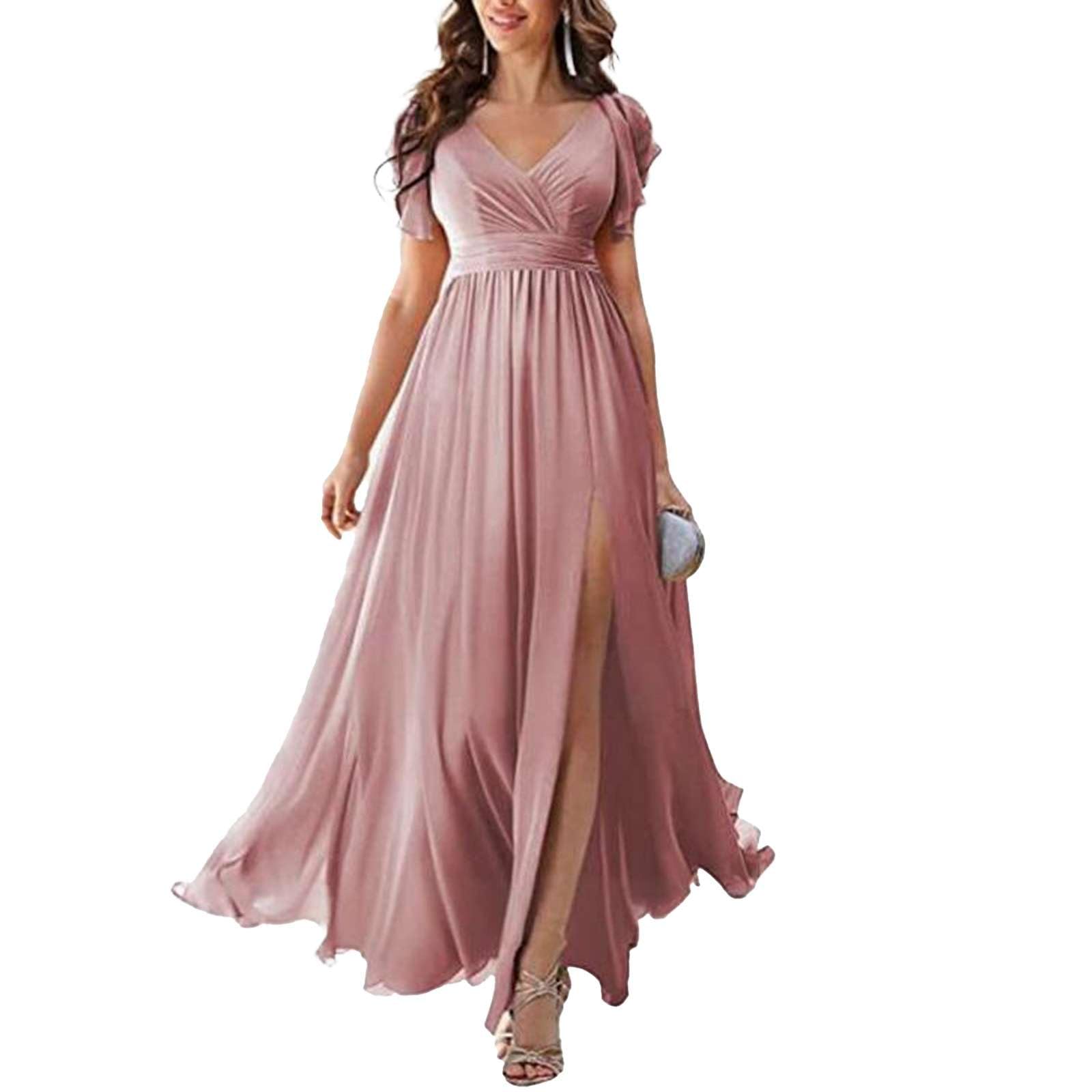 Vestidos de Fiesta Mujer Elegantes - Vestido Invitada Boda Largo Dama de Honor Cuello V Abertura Lateral Efecto Gasa Graduación Cóctel Cintura Alta Manga Volantes Fluido
