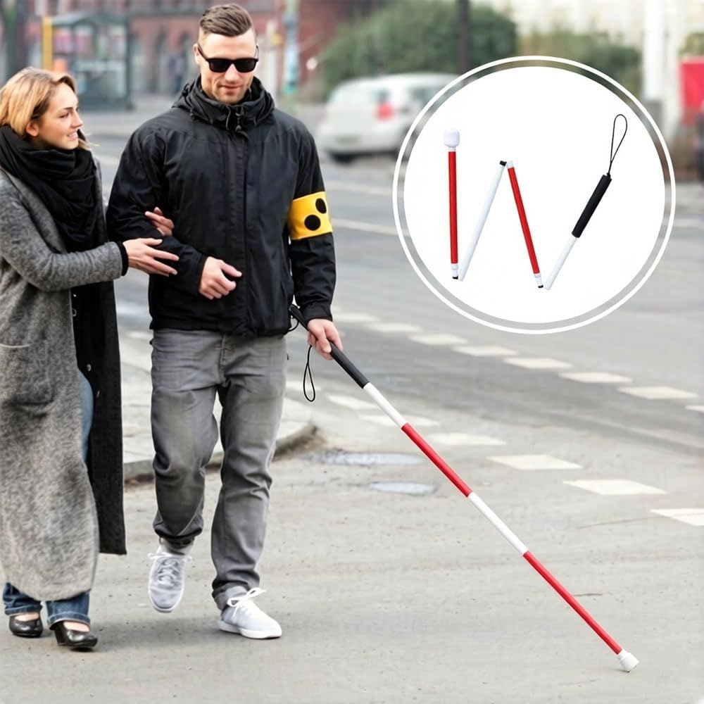 Blind Walking Cane Mobility Stick - Reflective Red and White Folding Cane with Marshmallow Ball Tip for Visually Impaired Men and Women
