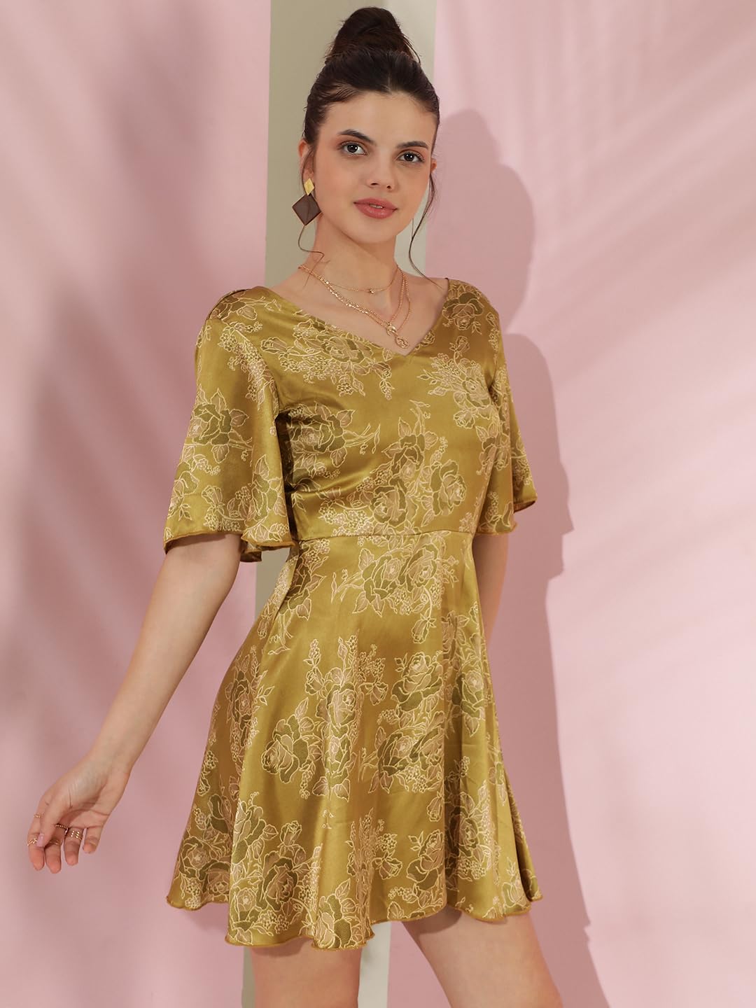 Kotty Women's Floral Printed Flared Sleeves Satin Fit Flare Mini Dress(Green,M)