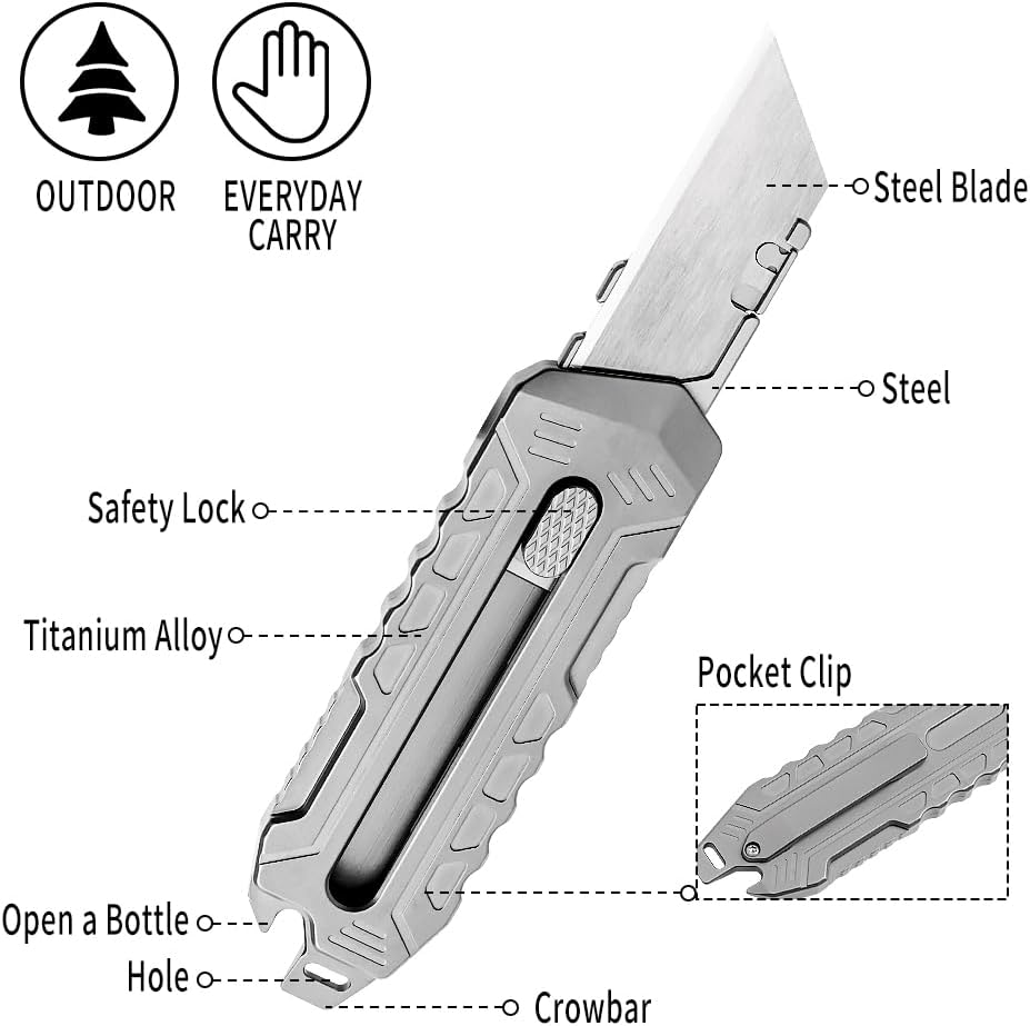 Titanium Retractable Pocket Knife 6-inch Utility Knife Box Opener with 10pcs Stainless Steel Blades