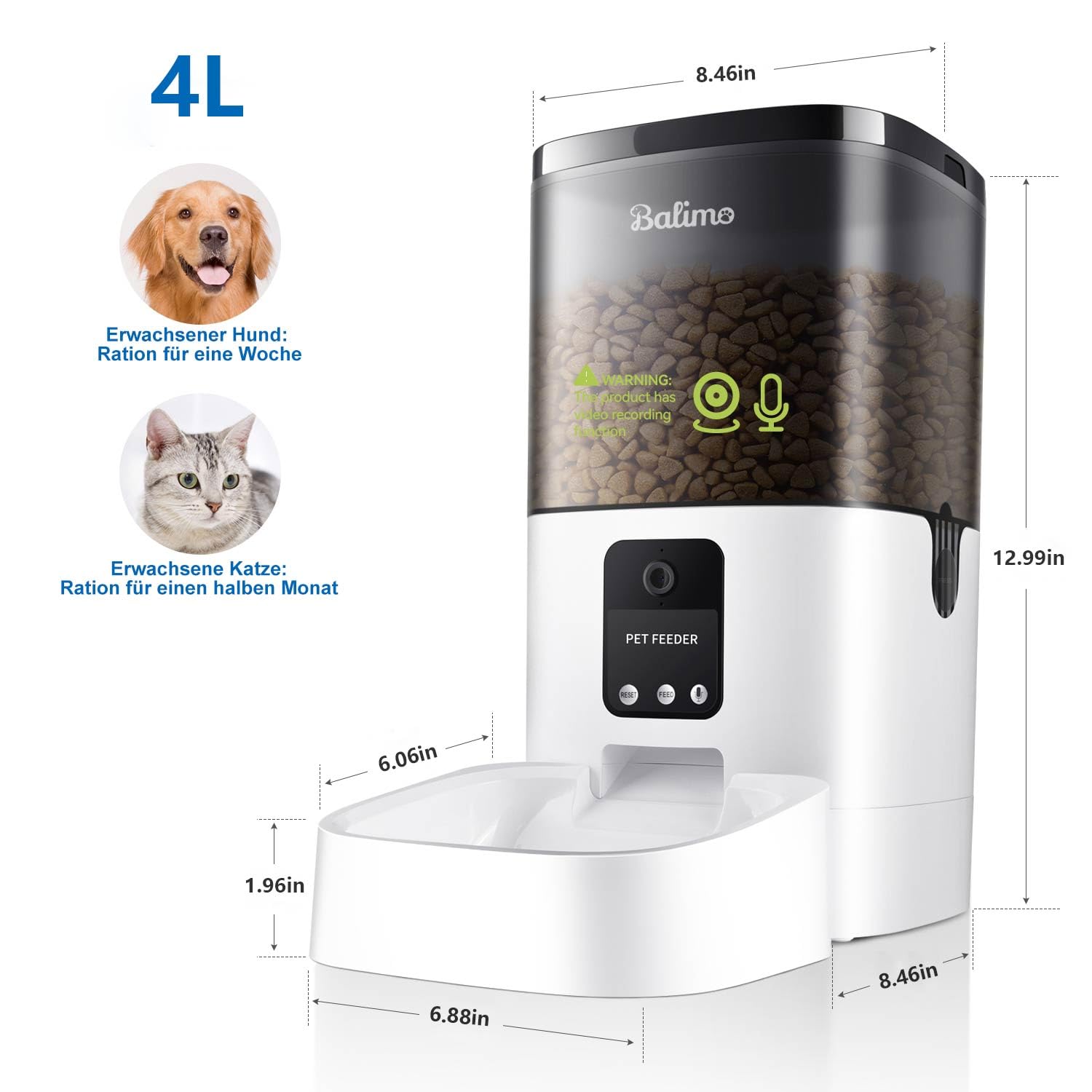 Balimo Comedero Gato Automatico 2.4G WiFi con Cámara 1080p HD, 4L Dispensador Comida Gatos y Perros con Video Visión Nocturna y Audio Bidireccional, Fuente de Alimentación Dual, 8 Comidas al día