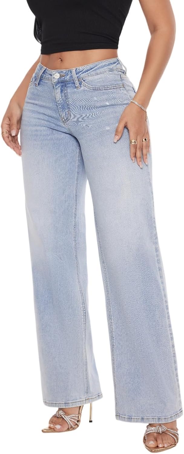 ONESO Mid-Low Rise Baggy Jeans Wide Leg for Women Distressed Pants Stretchy Bottom Lady Basic Comfortable Denim