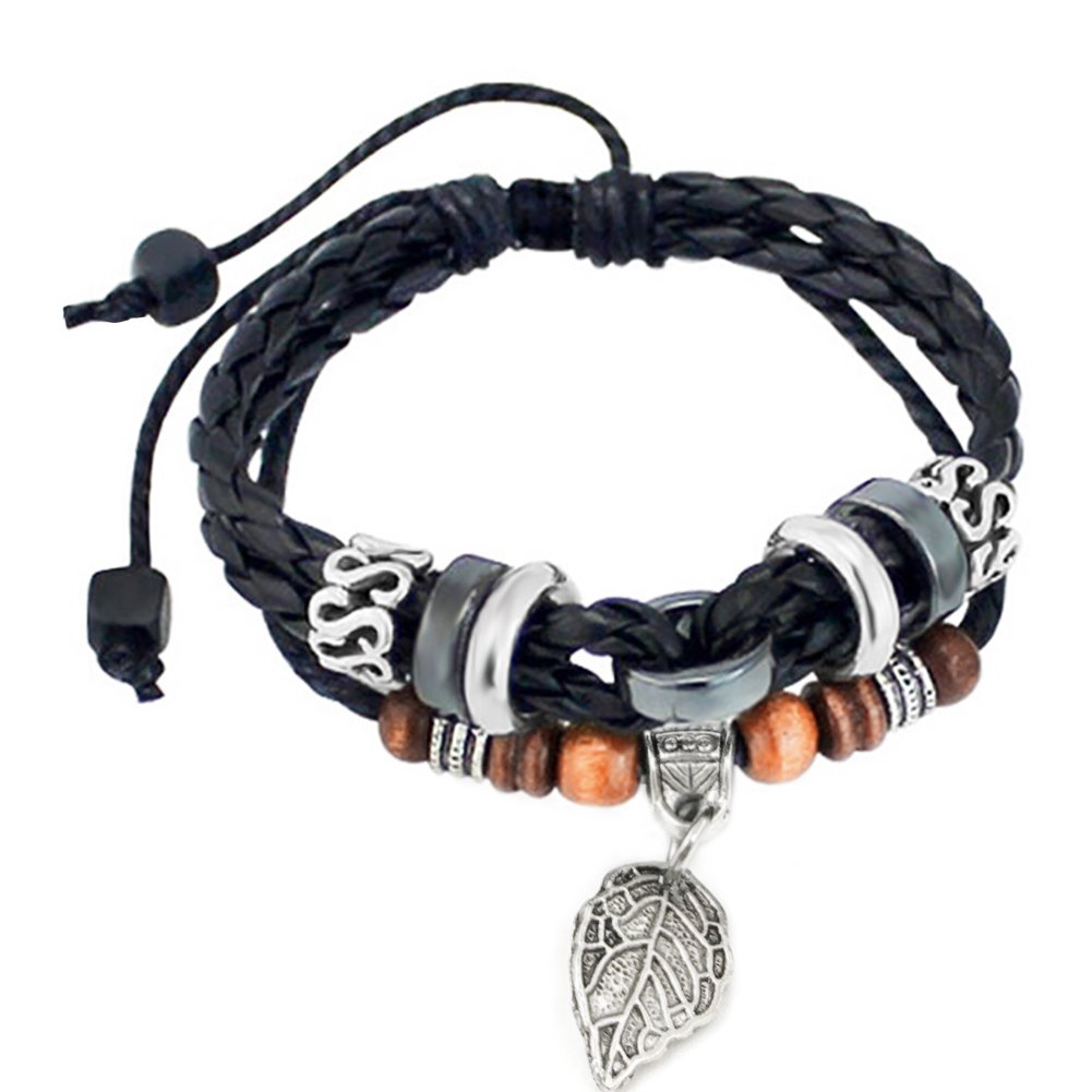 Suyi Multilayer Adjustable Leather Woven Braided Bangle Cross Bracelet Leaf Wrist Cuff Wristband