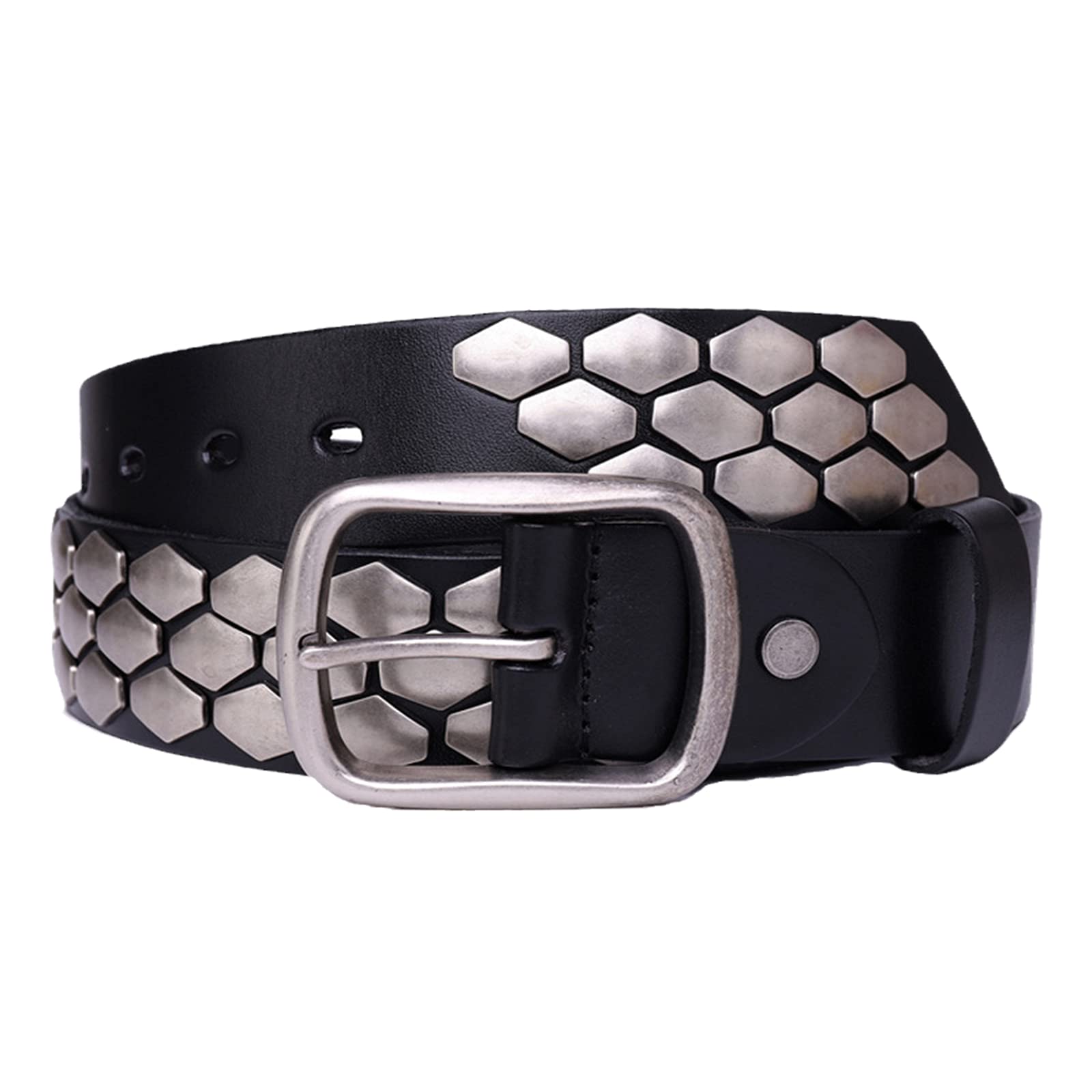 3 Reihen Metall Silber Besetzt Gürtel für Herren Damen 105cm - 125cm Länge Punk Rock Style Echtleder Nietengürtel Geeignet für alle Kleidungsstücke,Schwarz,120CM