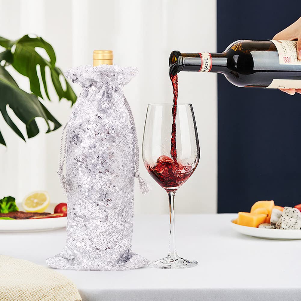 Eternal Beauty 4 Pcs Wine Gift Bags with Drawstring, Sequin Wine Bottle Gift Bag for Birthday Wedding(14"x6"-Silver)