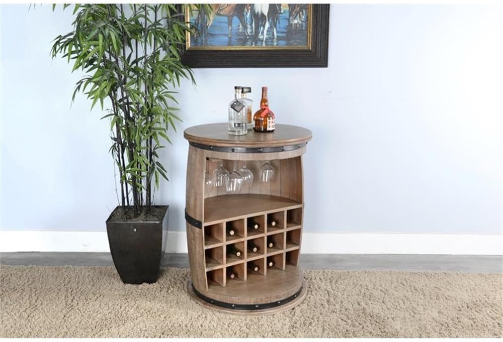 Pemberly Row Traditional Half Barrel Wine Bar, Mahogany Wood with Metal Accents, 15-Bottle Holder, Stemware Glass Rack, Unique Barrel Design, Elegant Home Bar for Wine Storage and Display