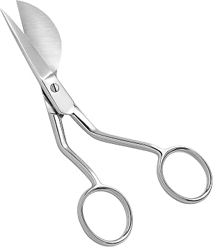 Professional Duck Bill Applique Scissors 5.8 Inch Paddle Shaped for Arts Craft Fabric Embroidery Carpet Thread Knitting Pelican Duckbill Sewing Shear Blade Double Bent Curved Offset Handle, Silver