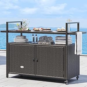YITAHOME Large Outdoor Kitchen Wicker Island Rolling Cart & Patio Bar Table, w/Wheels and Black Glass Table Top Backyard and Poolside Dark Brown YITAHOME Large Outdoor Kitchen Wicker Island Rolling Cart Patio Bar Table wWheels and Black Glass Table Top Backyard and Poolside Dark Brown