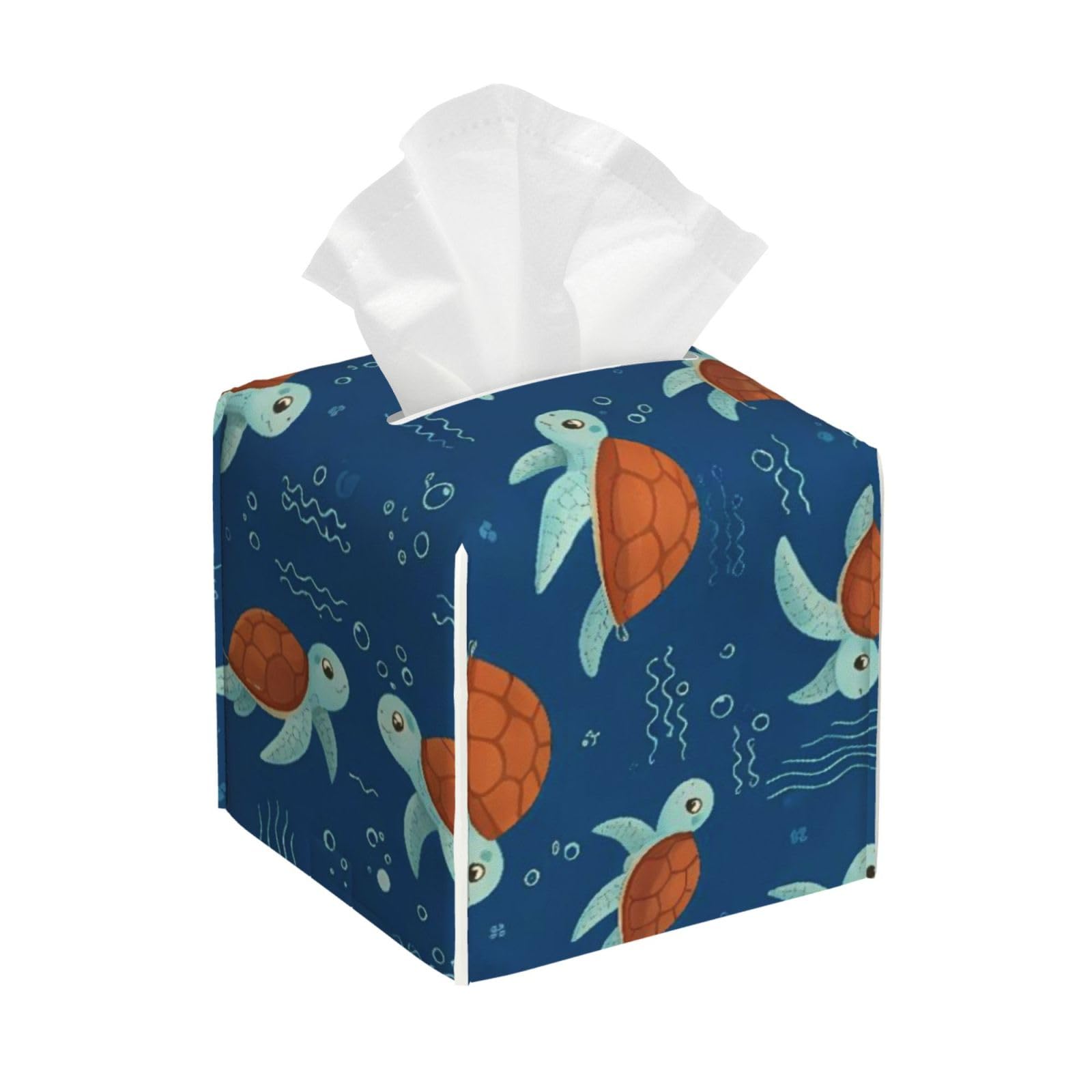 Cute Sea Turtles Leather Tissue Box Cover Holder Square Facial Paper Organizer 5.2" X 5.2" X 5.2"