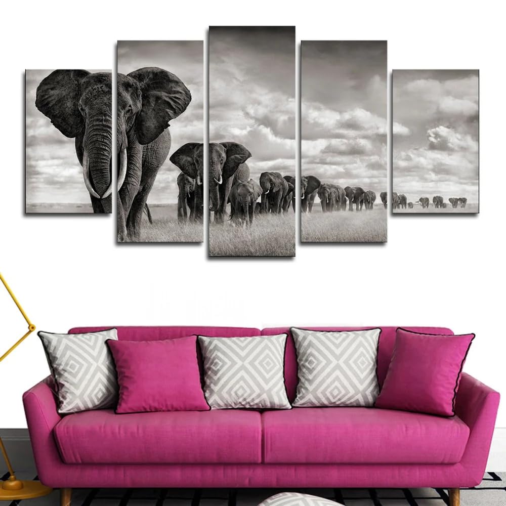 Tableau éléphants grand format 5 parties déco salon - 7