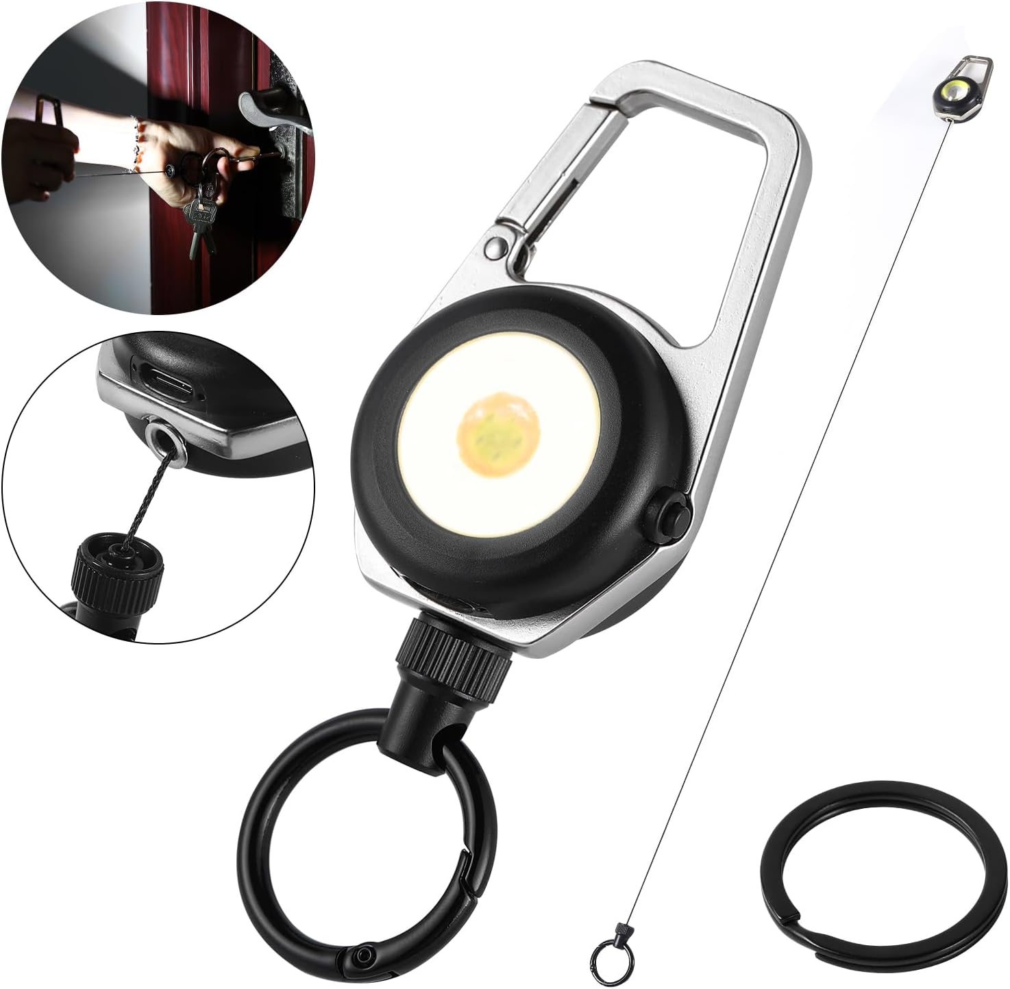Retractable Keychain Condenser Flashlight 300 Lumens Rechargeable 4 Working modes with Key Ring and Quick Assembly Ring 30 Inch Dyneema Cord for Work Light,Fishing, Camping, Hiking,Emergency (Silver)