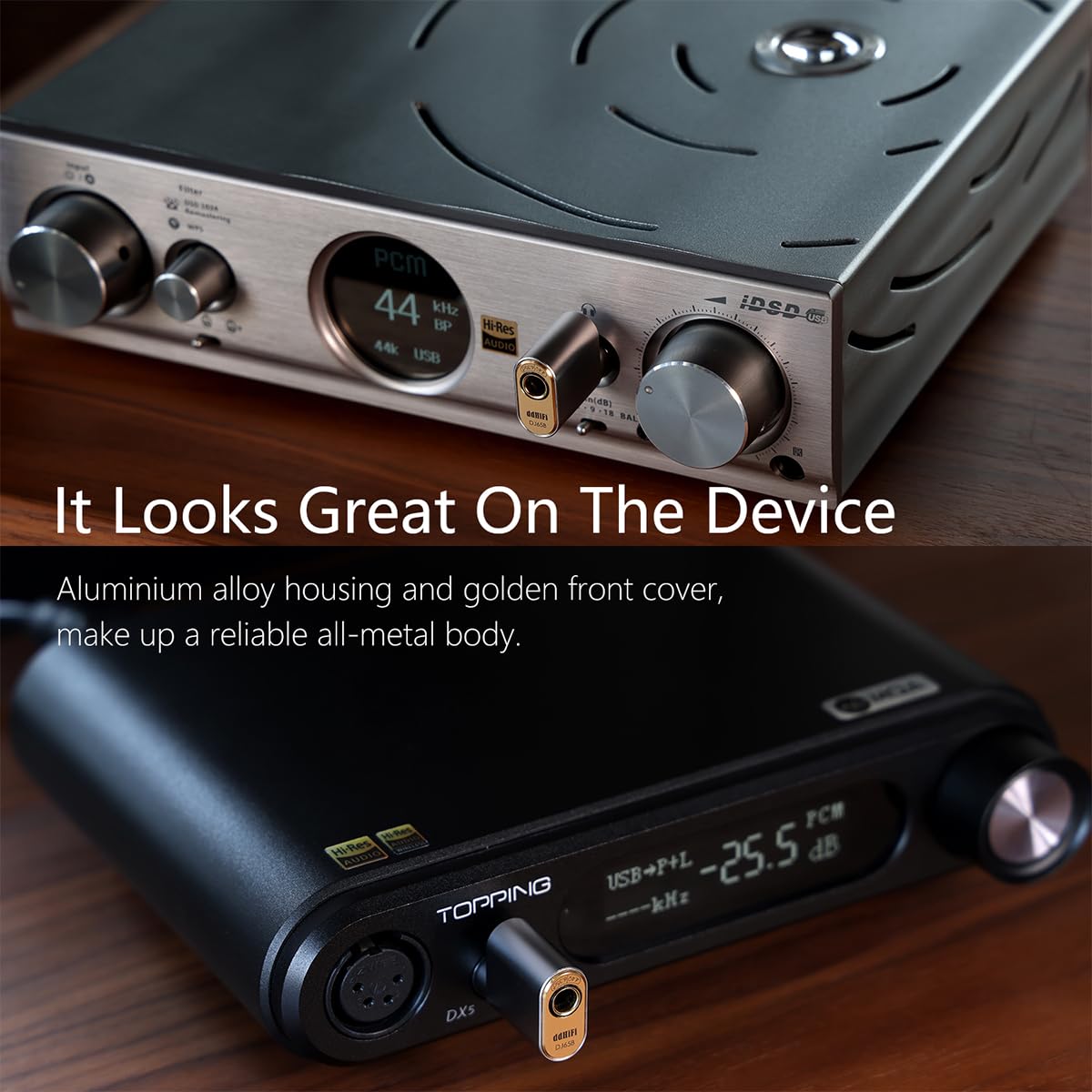 DD ddHiFi DJ65B (AL) Adaptador de conector de auriculares macho de 6,35 mm a hembra de 4,4 mm, convertidor de audio para auriculares/auriculares