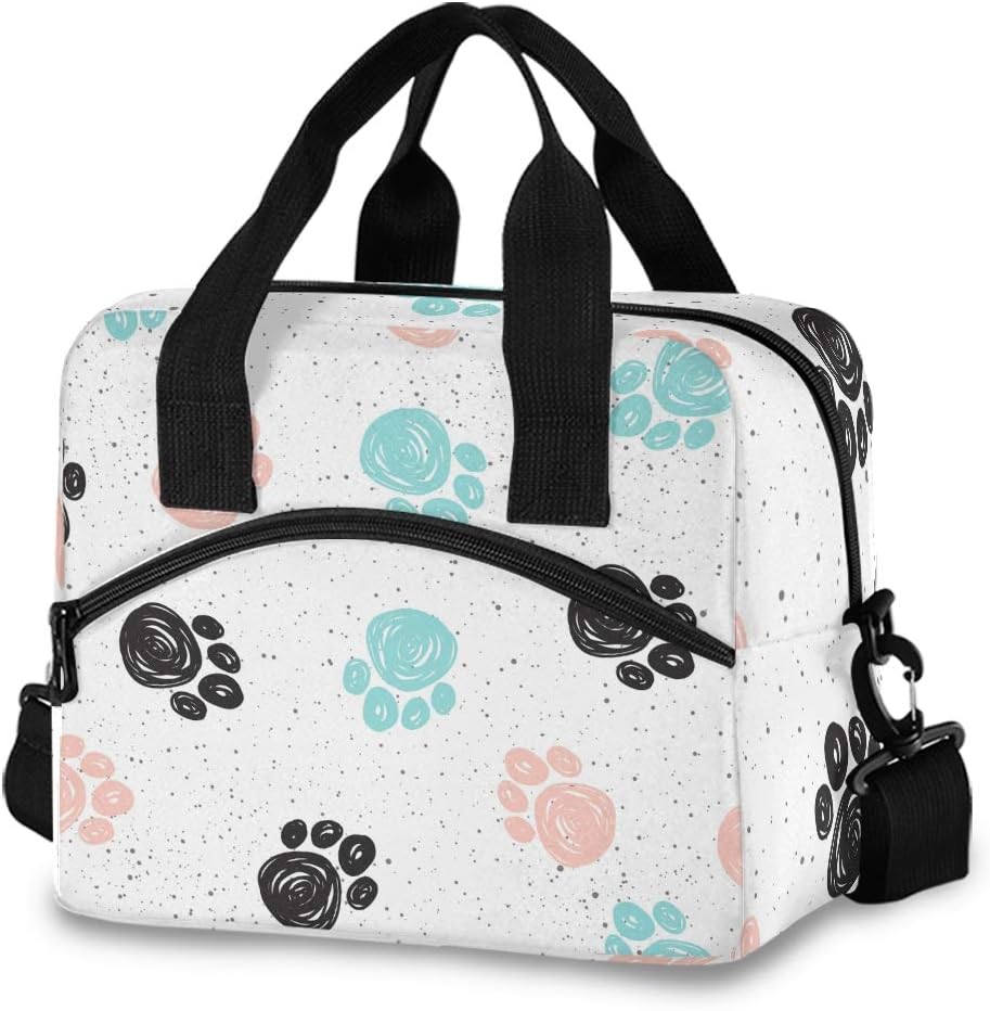 Blueangle Doodle Dog Paw Print Insulated Lunch Bag with Detachable Shoulder Strap & Carry Handle, Eco-friendly Cooler Bag Tote Bag,School Lunch Box for Kids,Men,Women