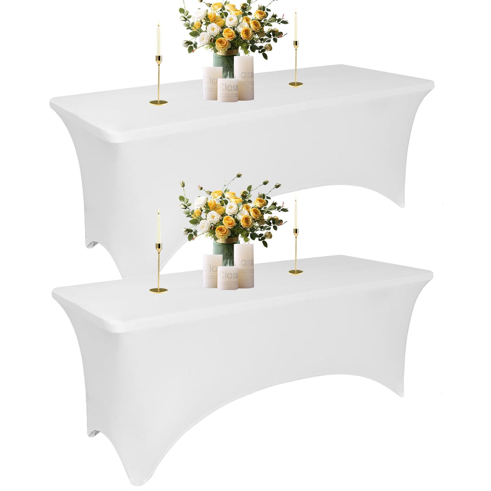 Yemosa 2Pack White Spandex Table Covers for 6 Foot Tables - 6 FT Universal Rectangular Fitted Stretch Tablecloth Protector, Washable and Wrinkle Resistant, Perfect for Trade Shows, Wedding