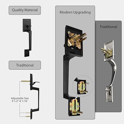 Miniatura 3 de Haidms Manija de puerta delantera negra mate, manija de entrada exterior de un solo cilindro con palanca de puerta, juego de manijas de puerta de