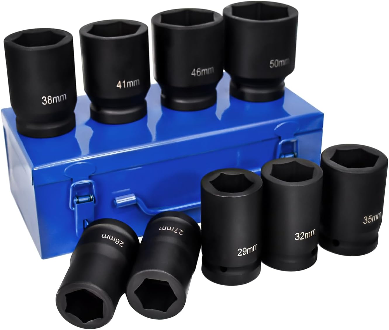 9-Pieces 1" DR Drive Deep Impact Socket Set, 6-Point Metric (27mm-50mm) 9pc Jumbo Impact Socket Set with Carrying Case (21236#)