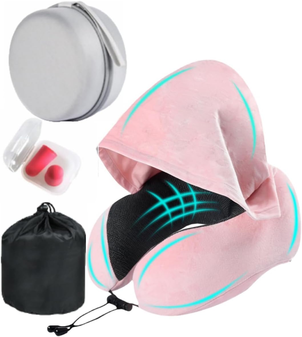 Travel Neck Pillow with Extra Large Hood Rollable Airplane